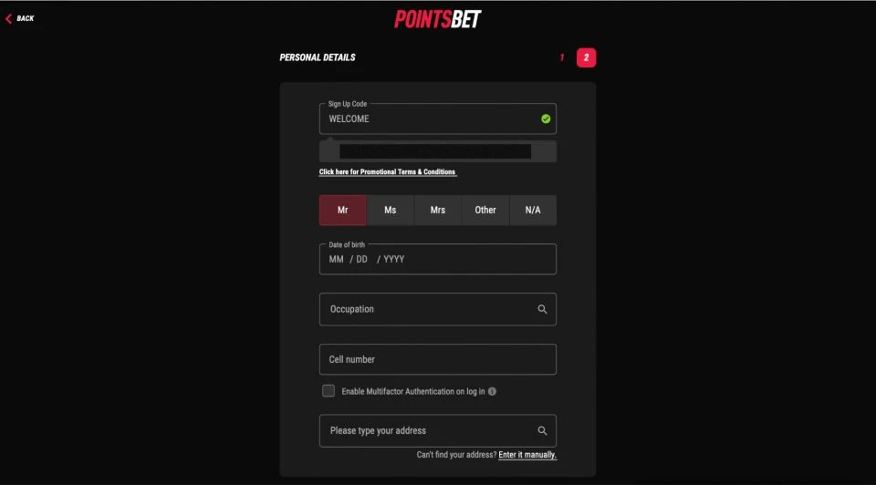 PointsBet Signup Step 2