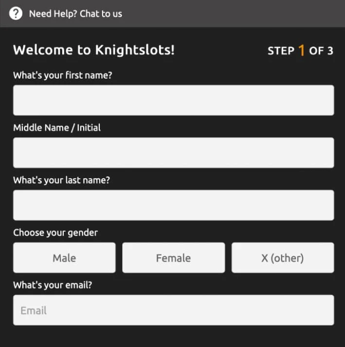 Knightslots Casino Signup Step 1