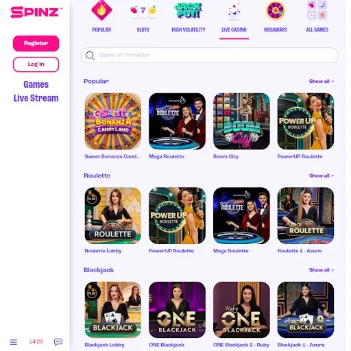 Live Casino Games at Spinz Casino