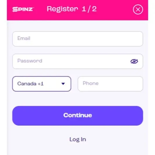 Spinz Casino Sign Up Form Step 1