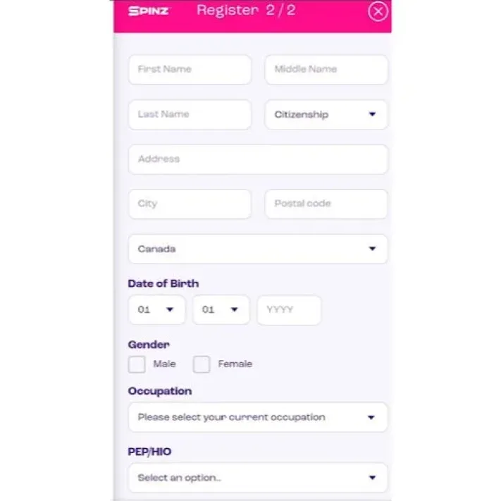 Spinz Casino Sign Up Form Step 2