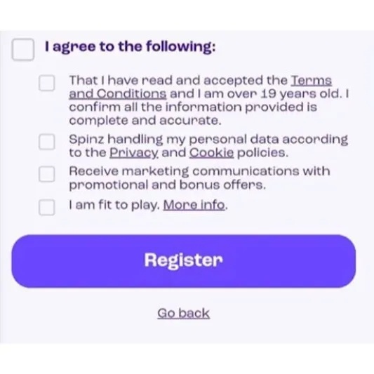 Spinz Casino Sign Up Form Step 4