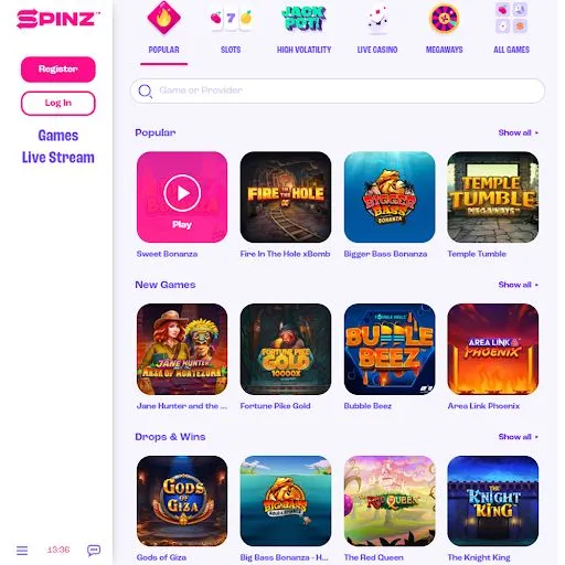 Slot Games at Spinz Casino
