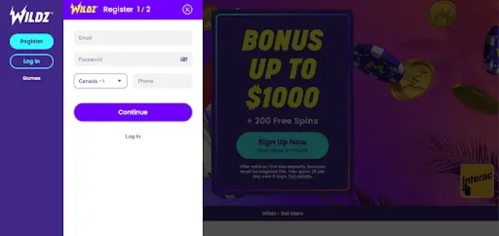 Wildz Casino Sign Up Form Step 1