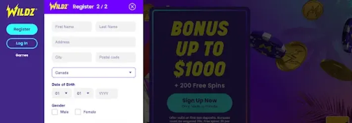 Wildz Casino Sign Up Form Step 2