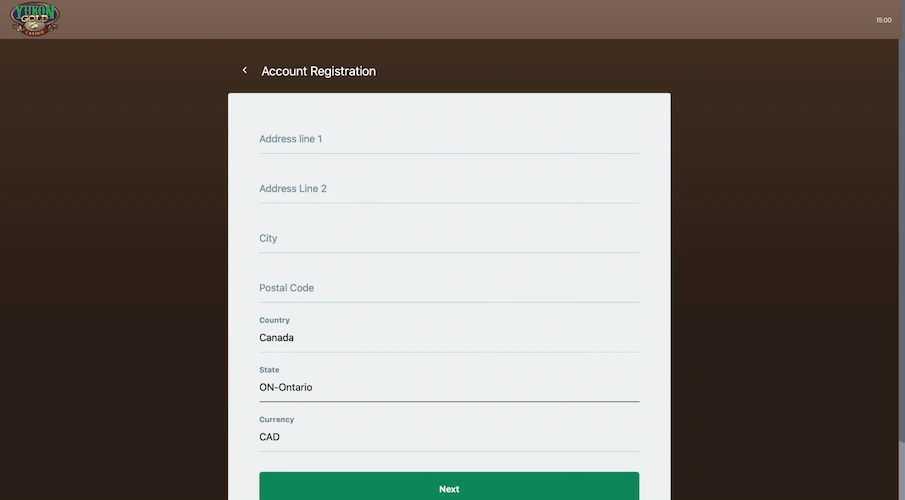 Yukon Gold Casino Signup and Address Form