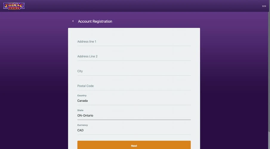Zodiac Casino Ontario Sign Up Form Step 2