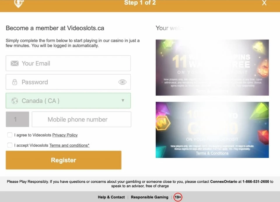 Videoslots Casino Sign Up Step 1
