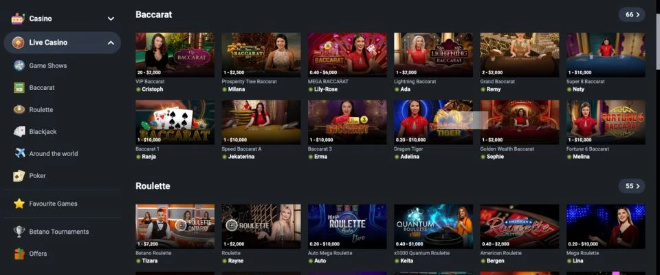 Betano Live Casino Games and Game Shows