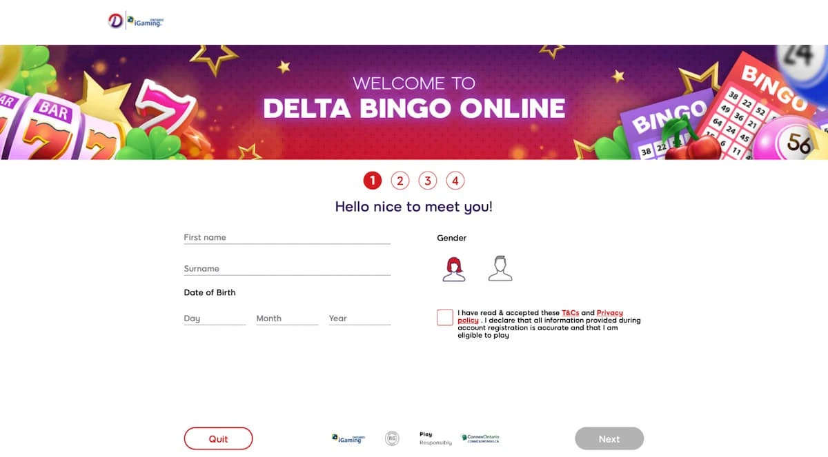 Delta Bingo Online Signup Step 1