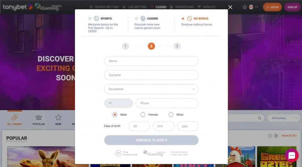TonyBet Sign Up Step 2